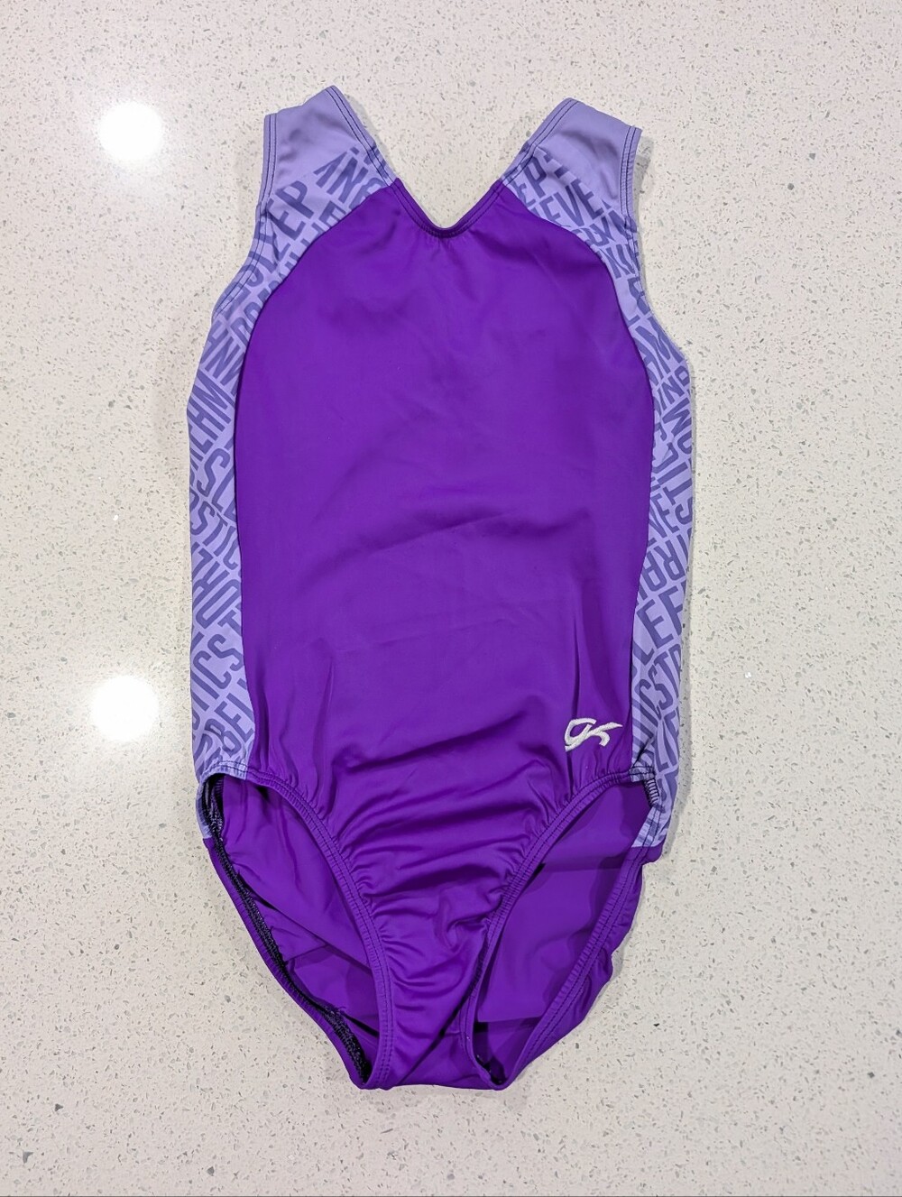 BEAUTIFUL GK Elite Gymnastics Dance Leotard Small Royal Purple "GYMNAST" Print